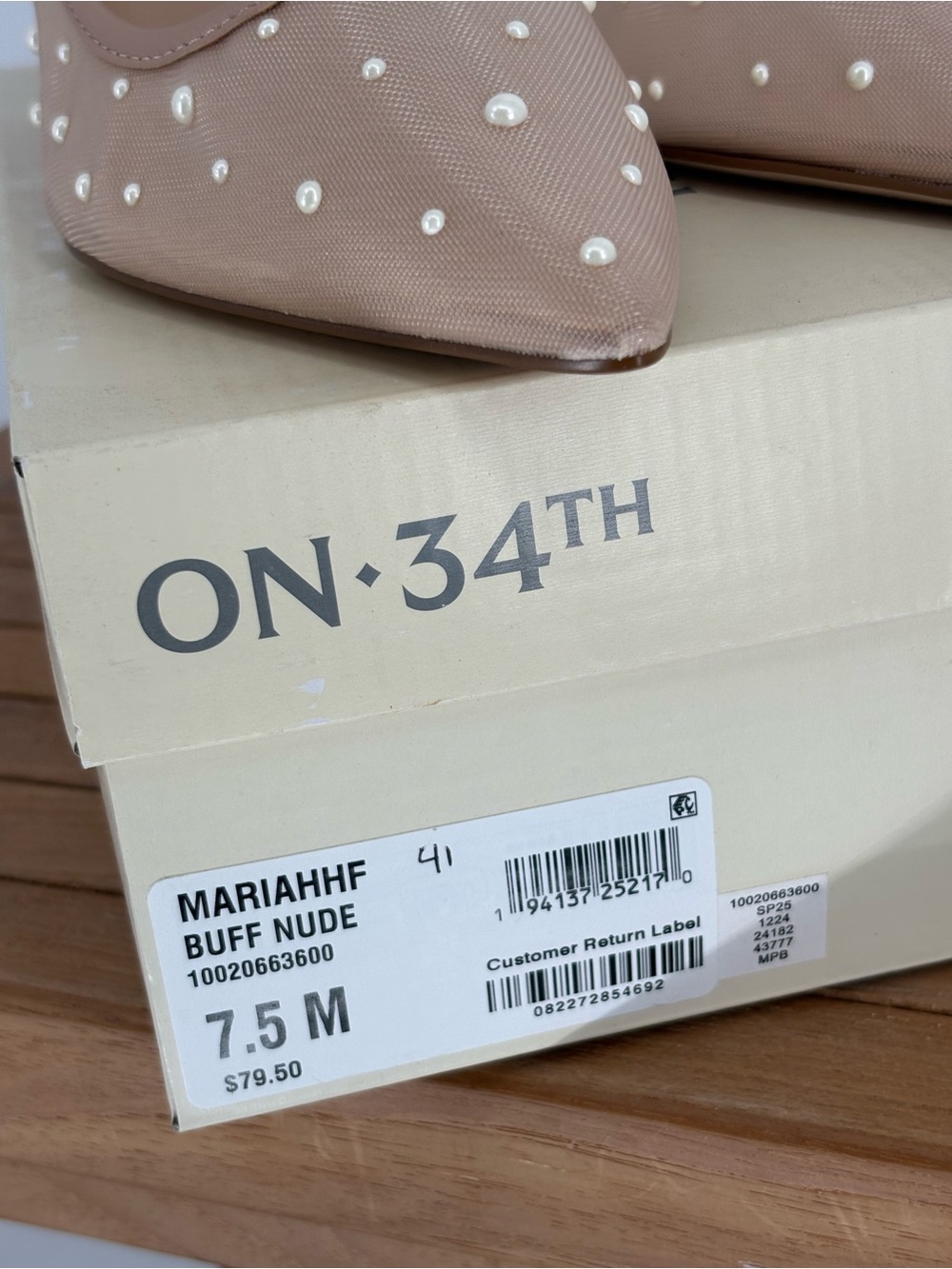 New On 34th Nude Pointed Toe Pearl-Embellished Flats size 7.5 M - Picture 4 of 4